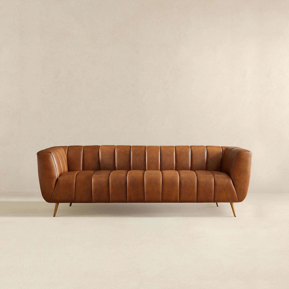 Ava Genuine Italian Cognac Leather Channel Tufted Sofa. Picture 5