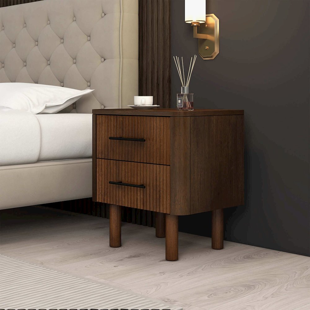 Logan Mid Century Modern Walnut Nightstand Bed Side Tables With 2 Drawers. Picture 4