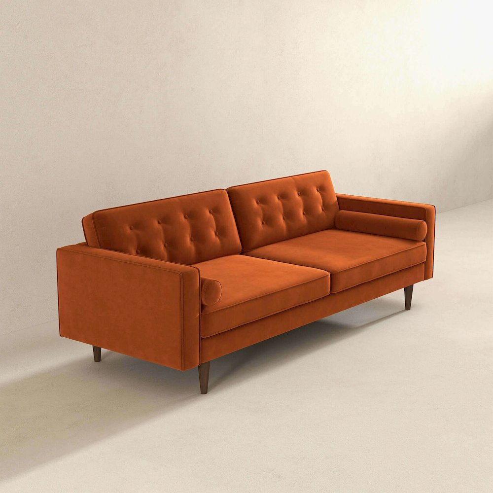 Casey Mid Century Modern Burnt Orange Velvet Sofa. Picture 4