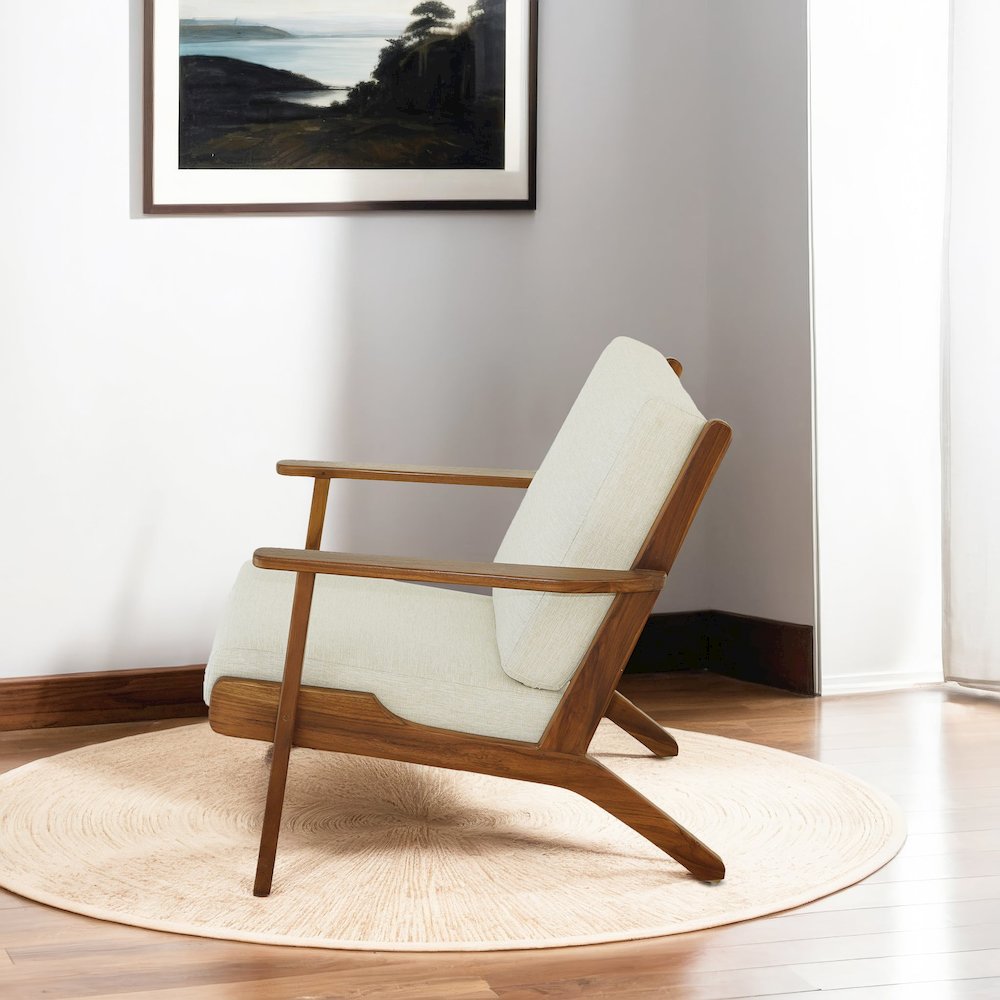 Connor Solid Wood Linen Lounge Chair - Cream. Picture 5