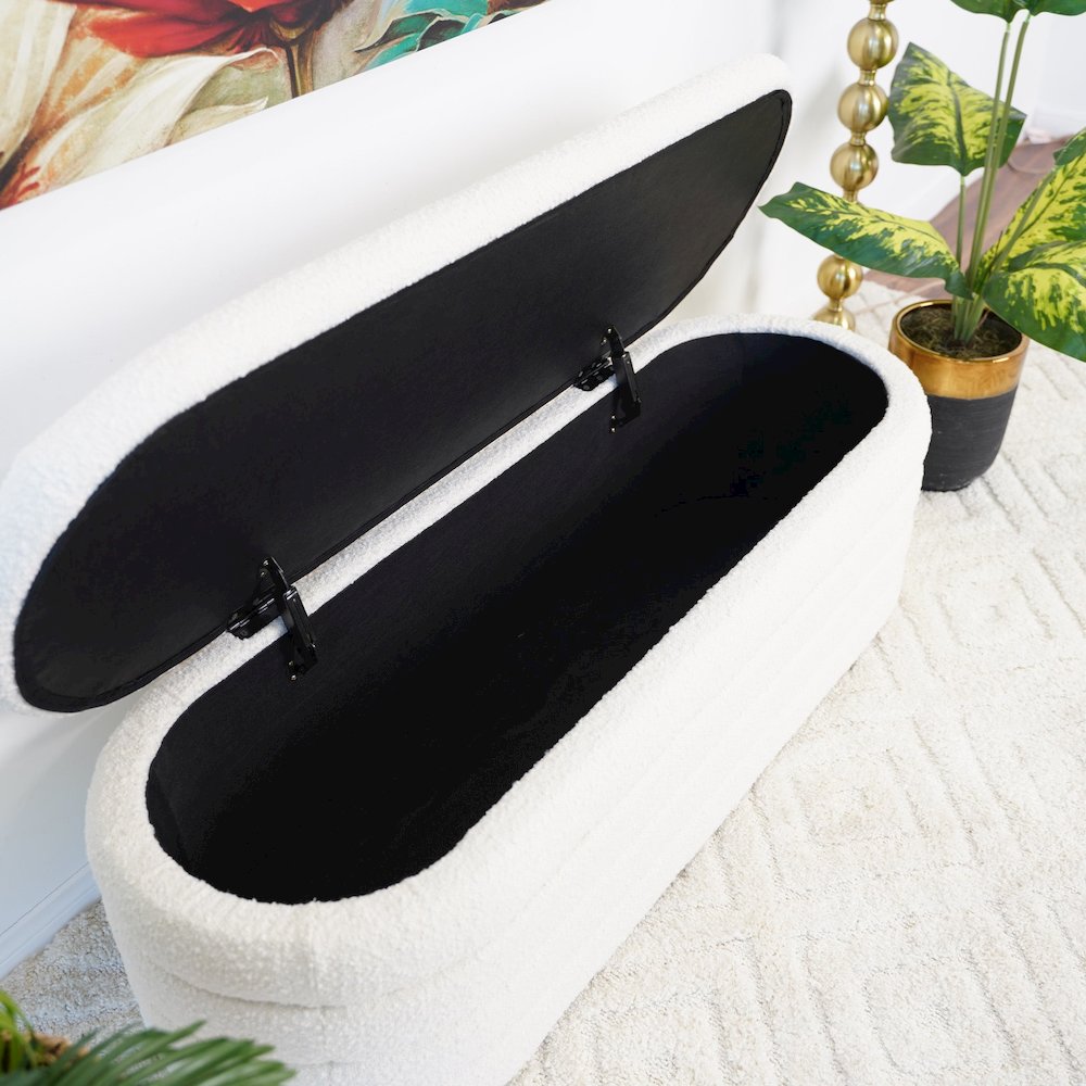 Cabana White Boucle Bench w/Storage. Picture 7