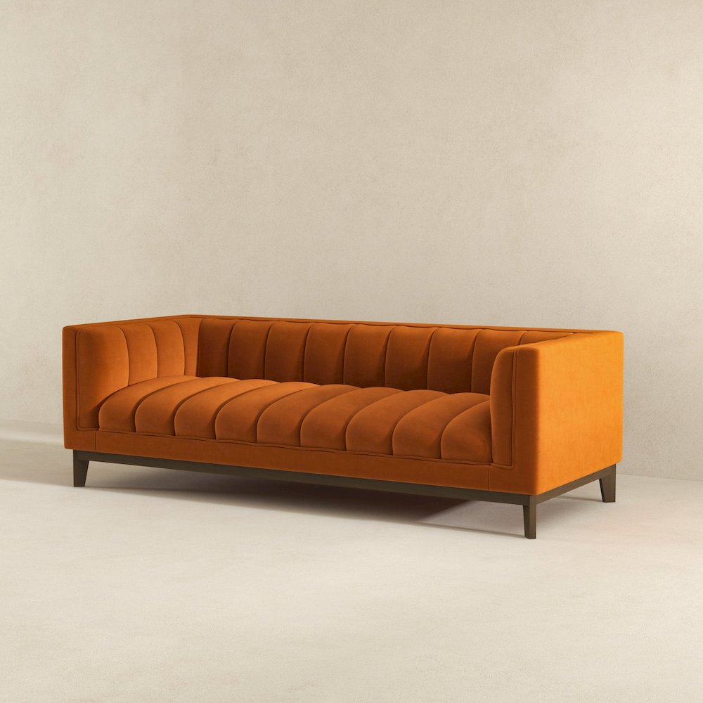 Melissa Mid-Century Orange Velvet Modern Sofa. Picture 6
