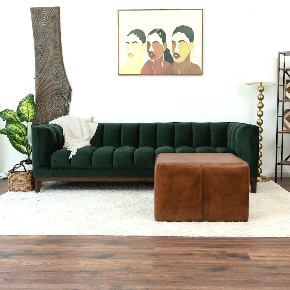 Mallory Mid-Century Square Genuine Leather Upholstered Ottoman in Tan. Picture 3