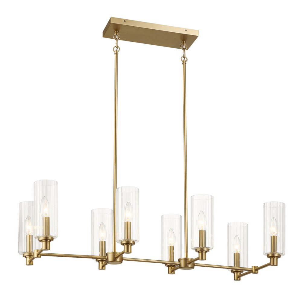 Willow Eight Lights Island With Clear Ribbed Glass Pendant Lamp - Satin Brass. Picture 2