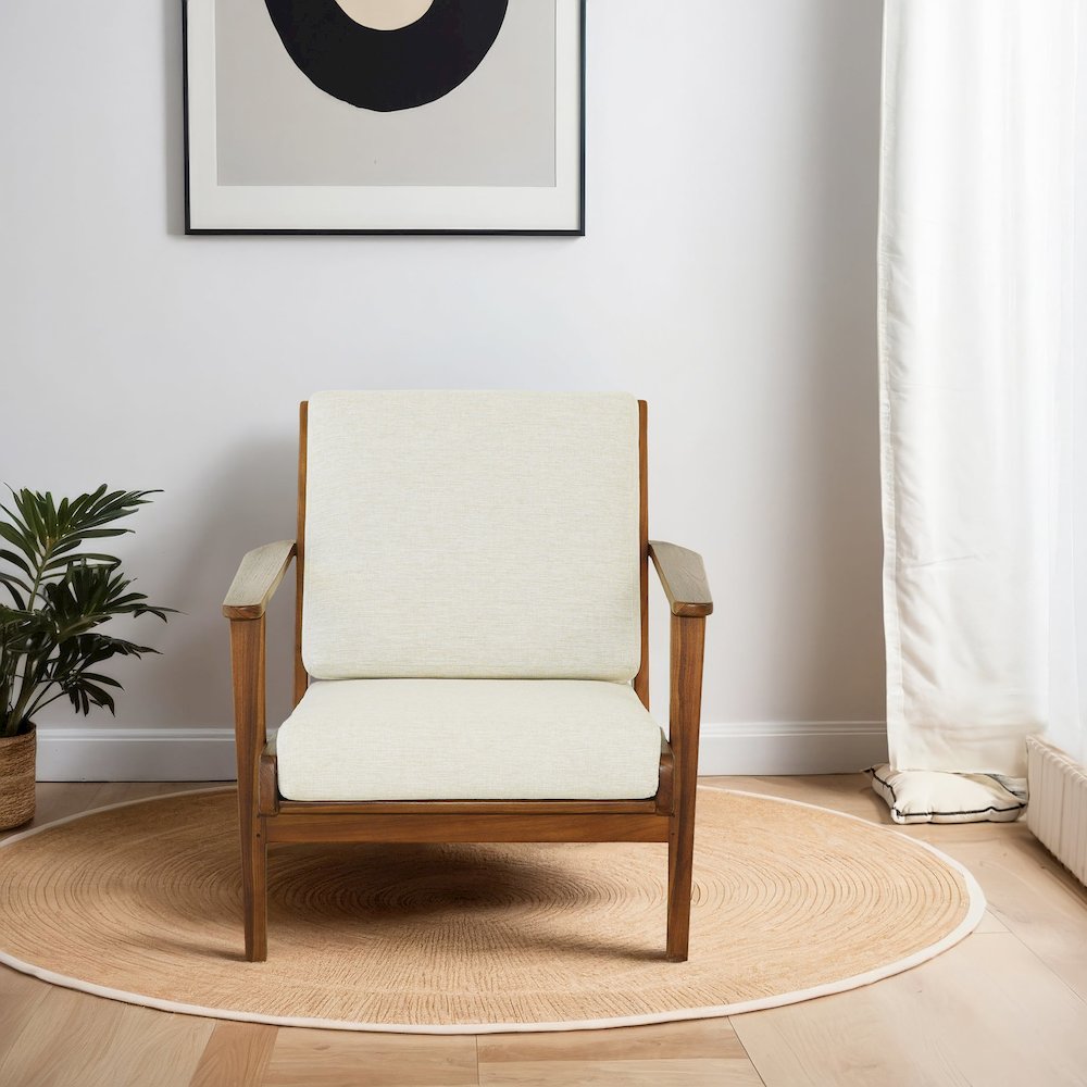 Connor Solid Wood Linen Lounge Chair - Cream. Picture 4