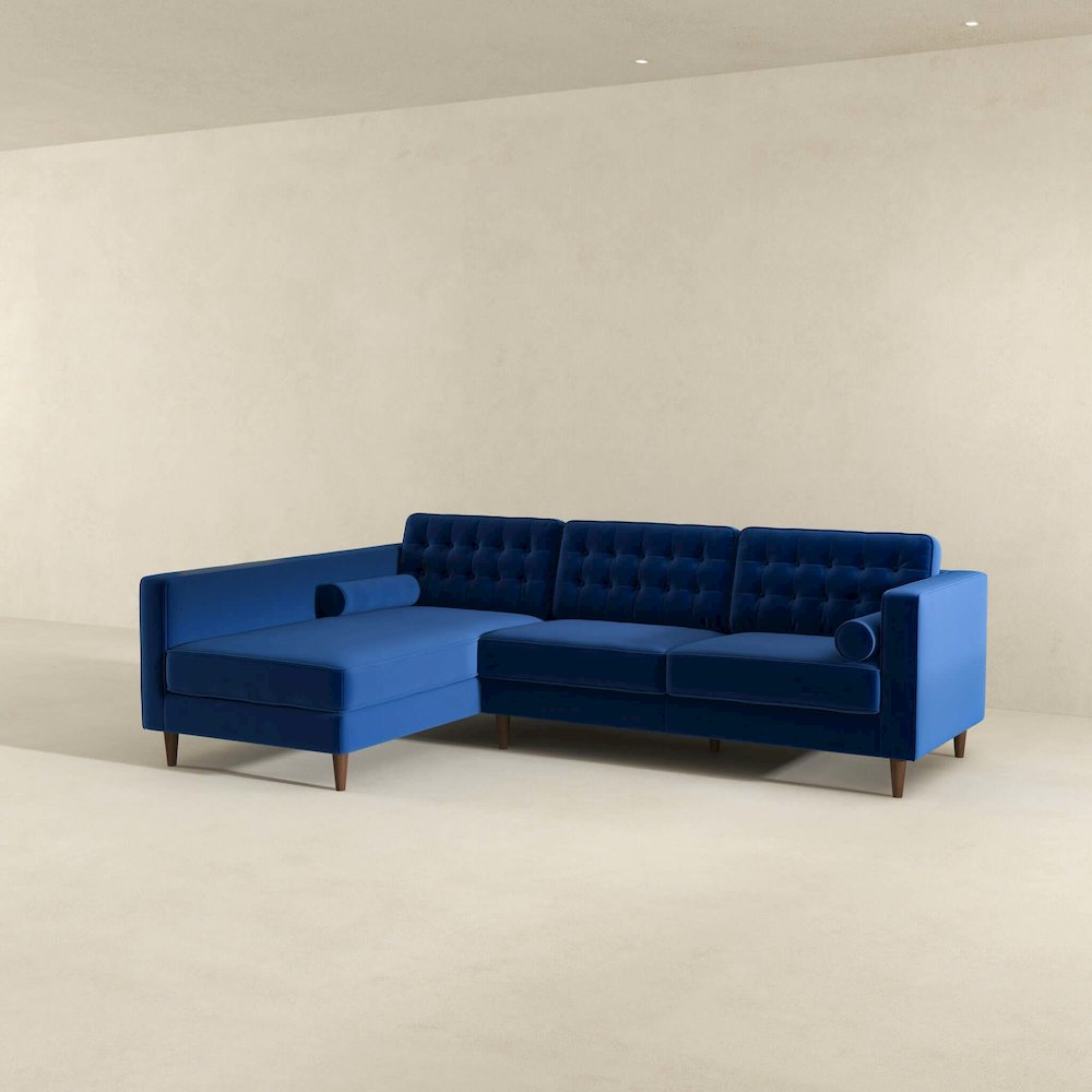 Christian  Blue Velvet Sectional Sofa Left Facing. Picture 5