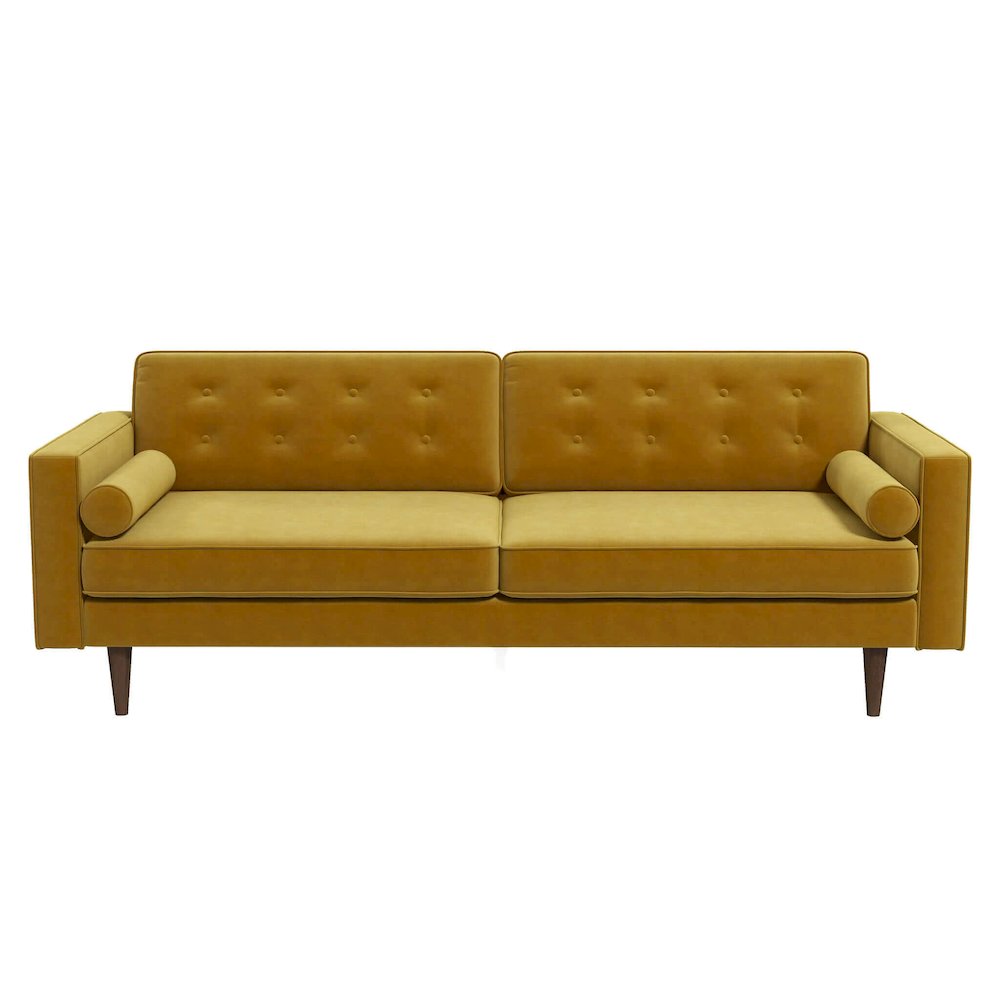 Casey Mid Century Modern Gold Velvet Sofa. Picture 1