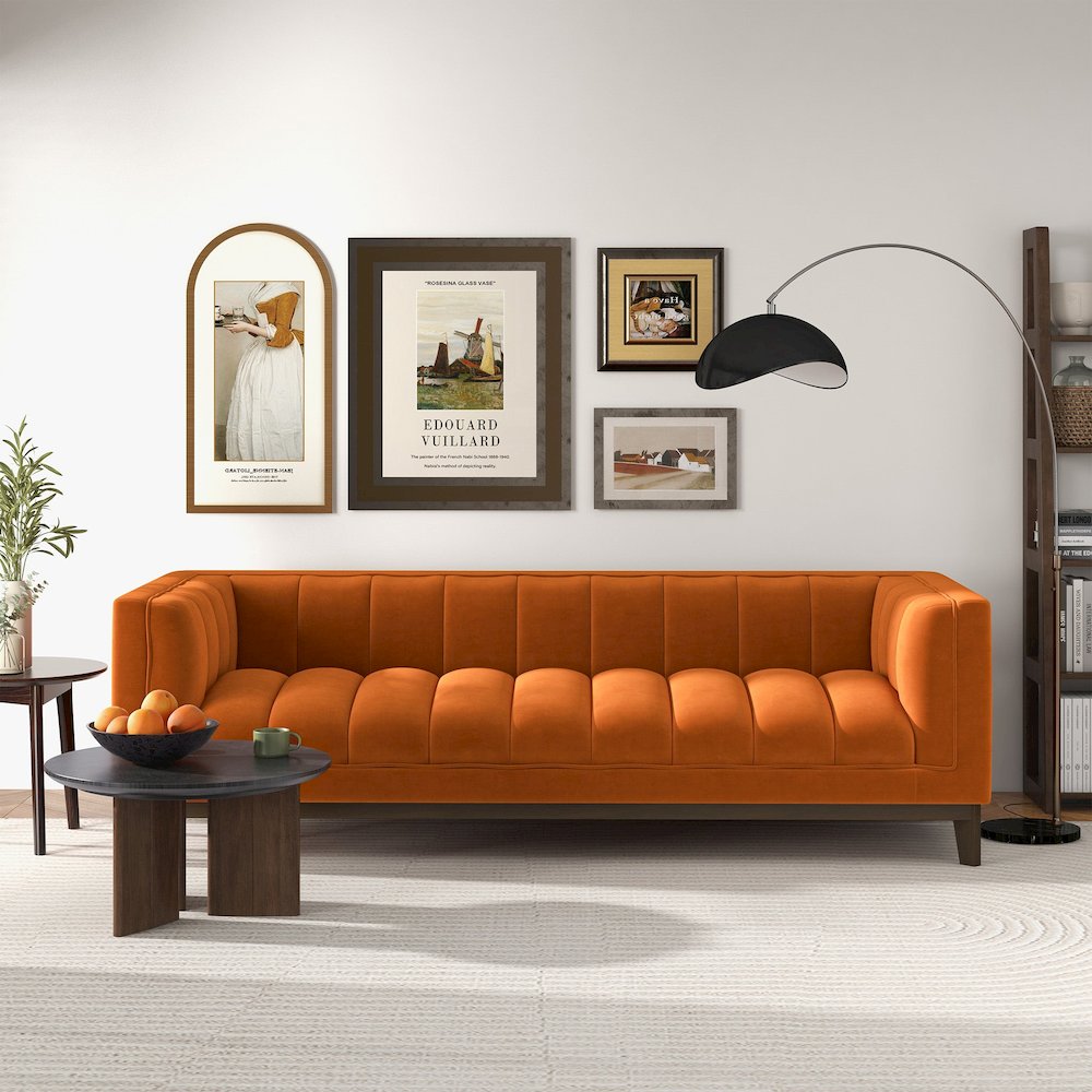Melissa Mid-Century Orange Velvet Modern Sofa. Picture 2