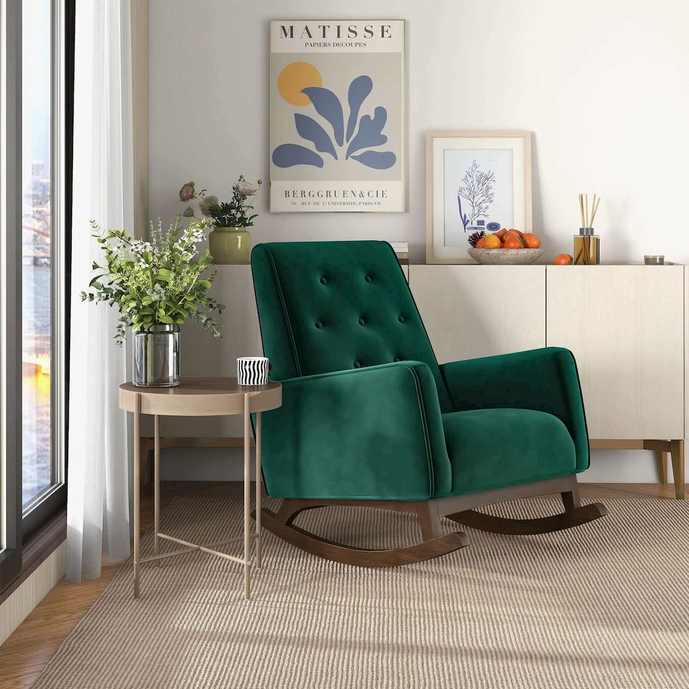 Demetrius Green Velvet Solid Wood Rocking Chair. Picture 6