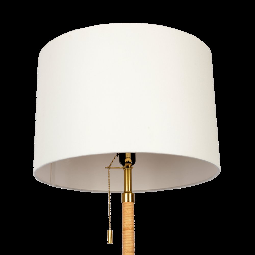 Stellar Wood Rattan Tube - Gold Brass Metal and White Linen Shade Floor Lamp. Picture 4