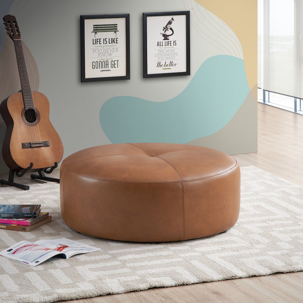 Rochelin Tan Leather Ottoman. Picture 3
