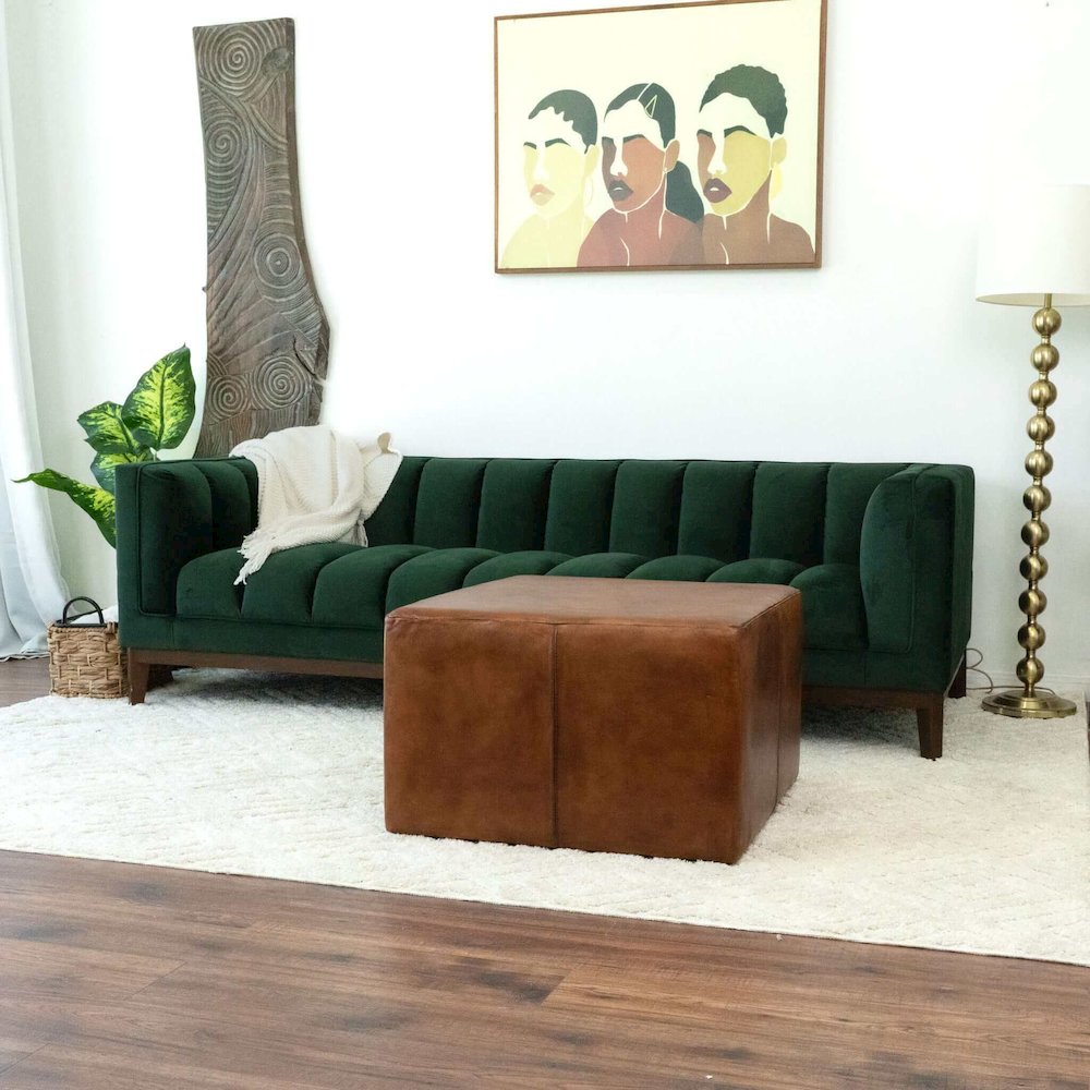 Mallory Mid-Century Square Genuine Leather Upholstered Ottoman in Tan. Picture 1