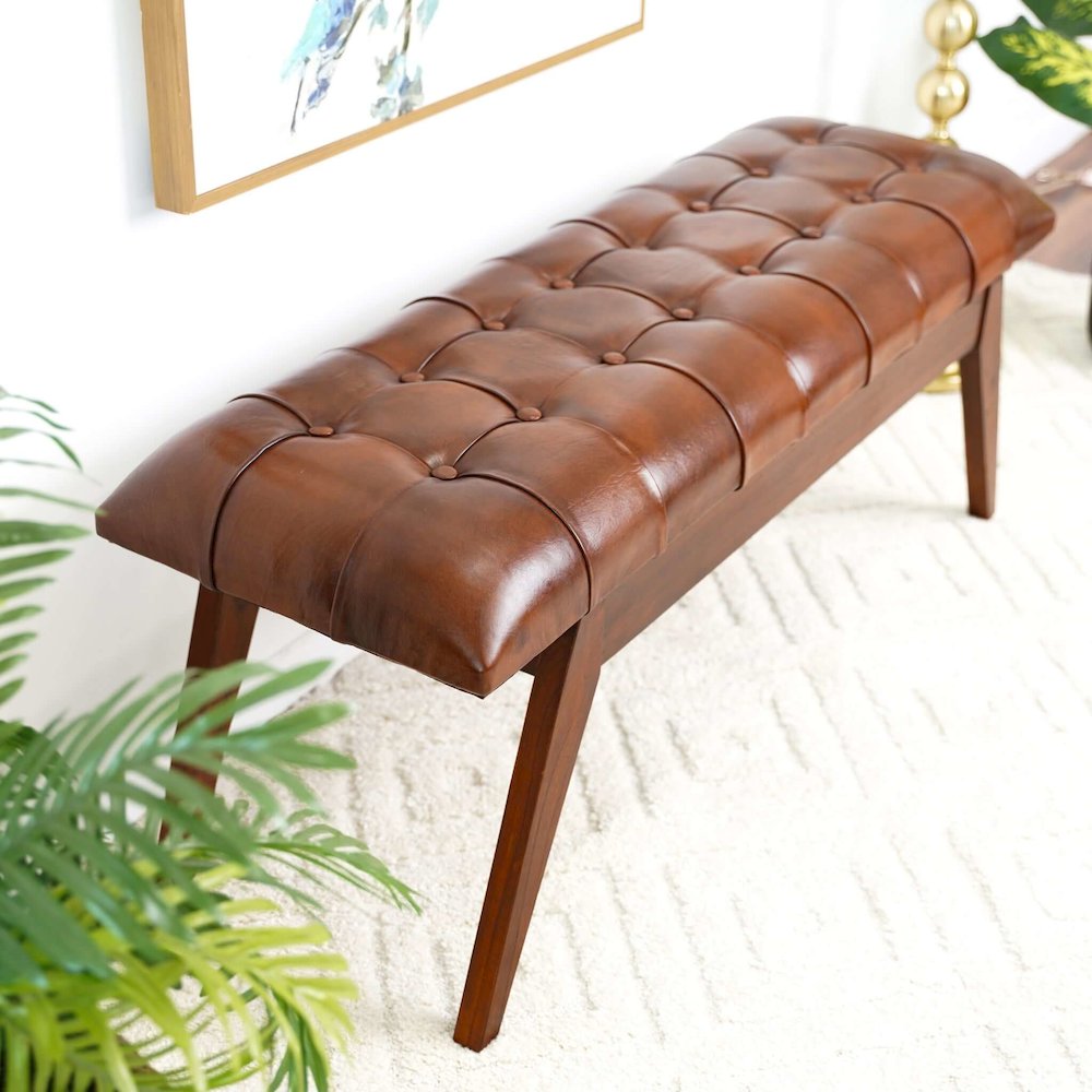 Maja Mid Century Modern Tan Leather Bench. Picture 5