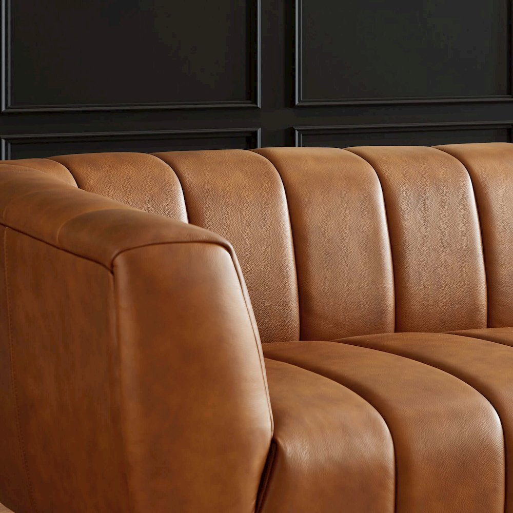 Ava Genuine Italian Cognac Leather Channel Tufted Sofa. Picture 3