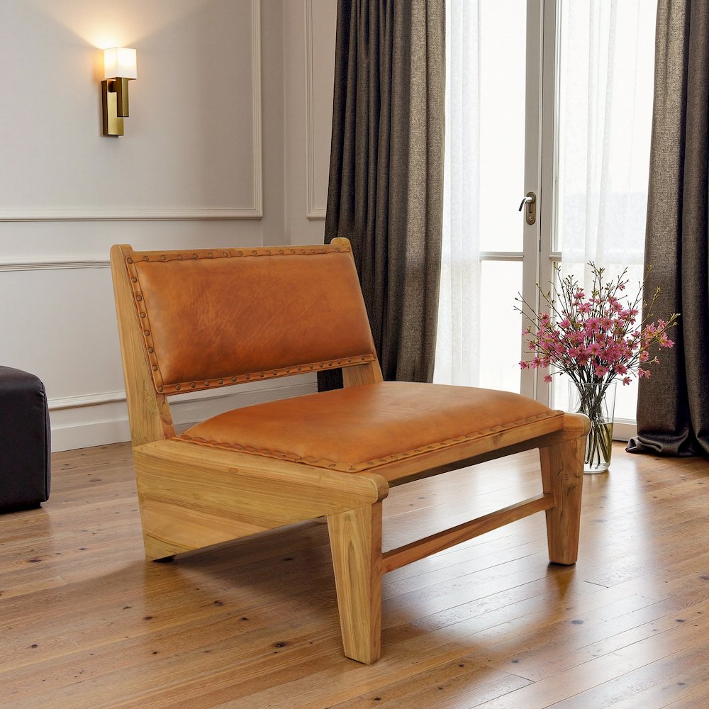 Talon Solid Wood Tan Leather Lounge Chair. Picture 3
