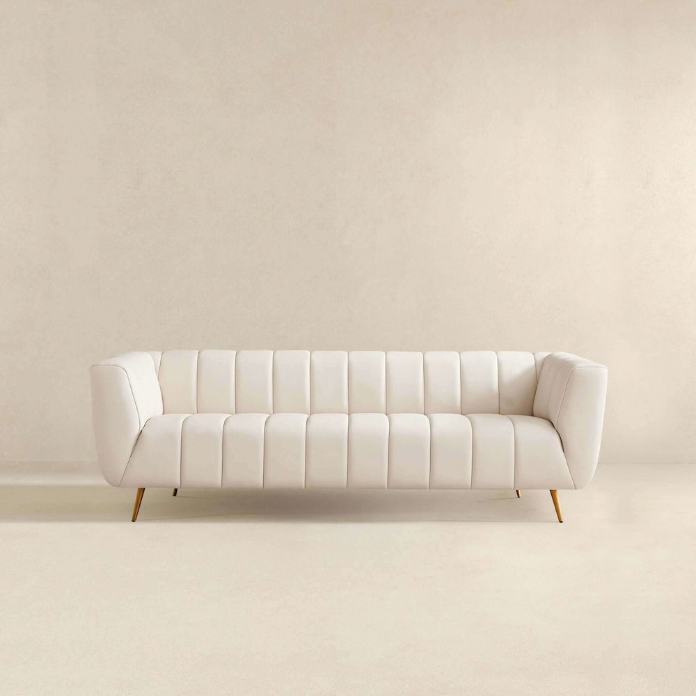 LaMattina Genuine Italian Beige Leather Channel Tufted Sofa. Picture 4