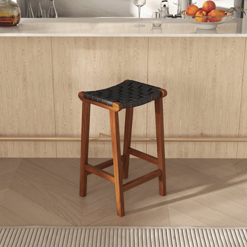 James Mid-Century Modern Genuine Black Leather 24.5" Counter Stool. Picture 3