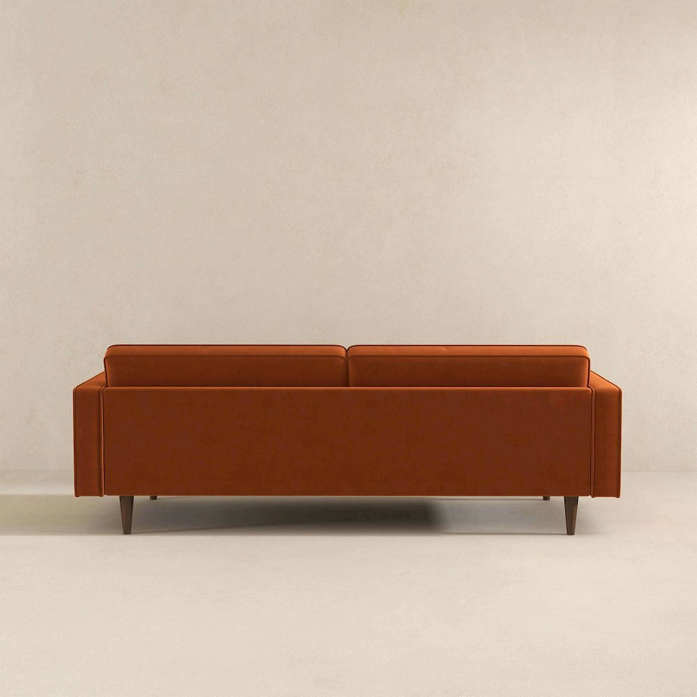 Casey Mid Century Modern Burnt Orange Velvet Sofa. Picture 5