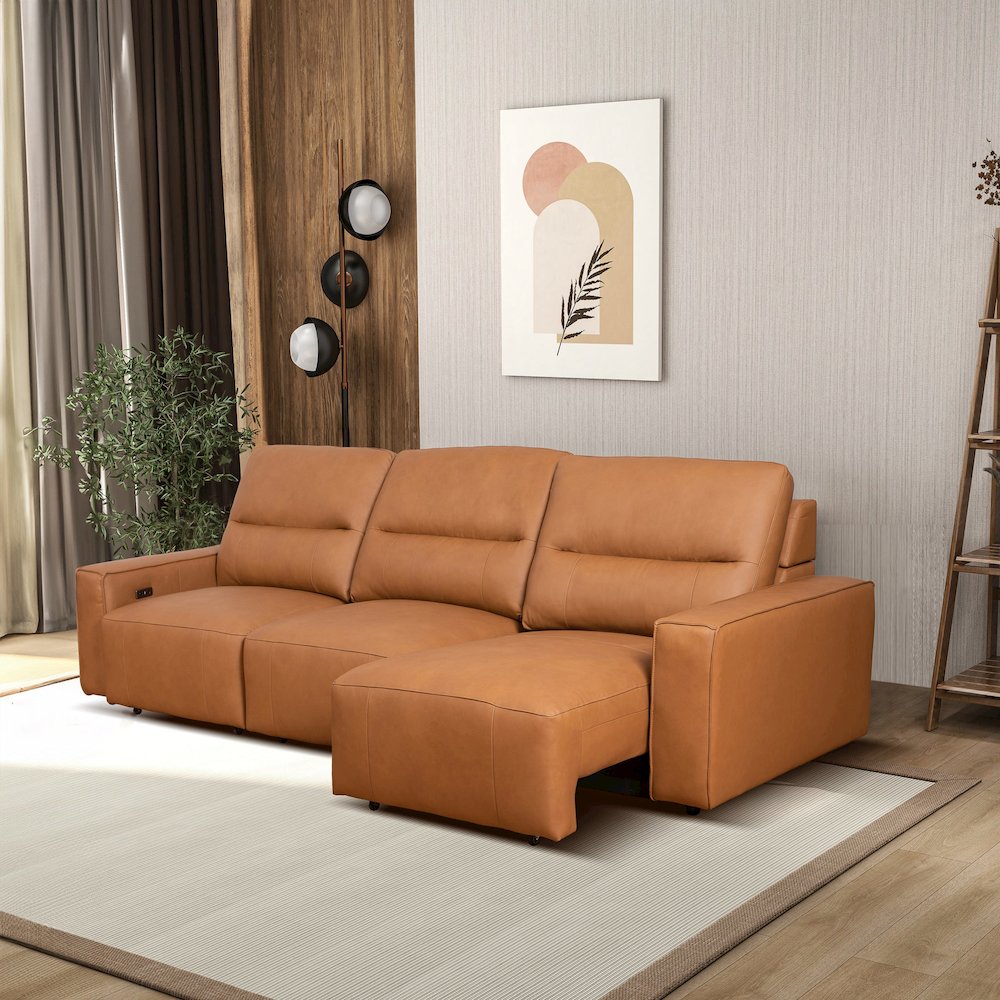 Grant Triple Power Convertible Cognac Leather Sofa. Picture 8