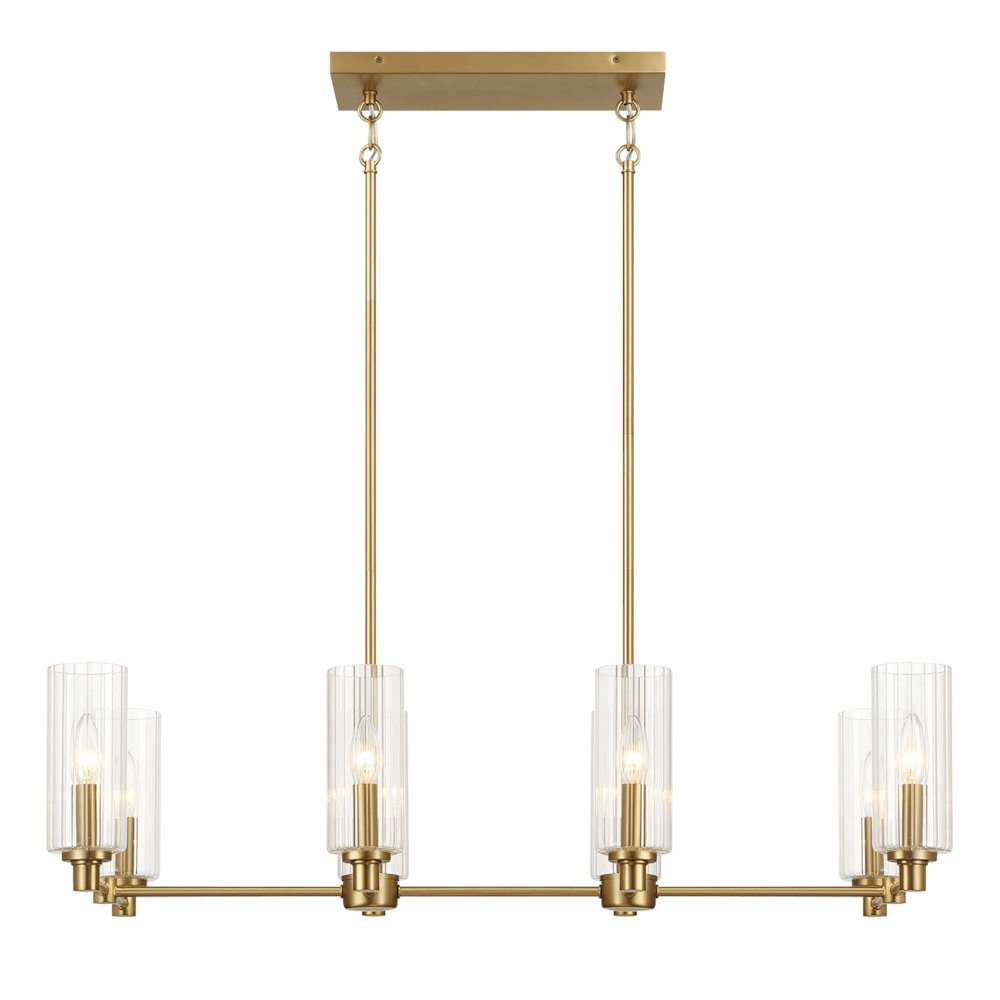 Willow Eight Lights Island With Clear Ribbed Glass Pendant Lamp - Satin Brass. Picture 3