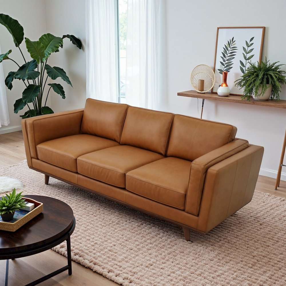 Chase Mid Century Modern Genuine Leather Sofa. Picture 4