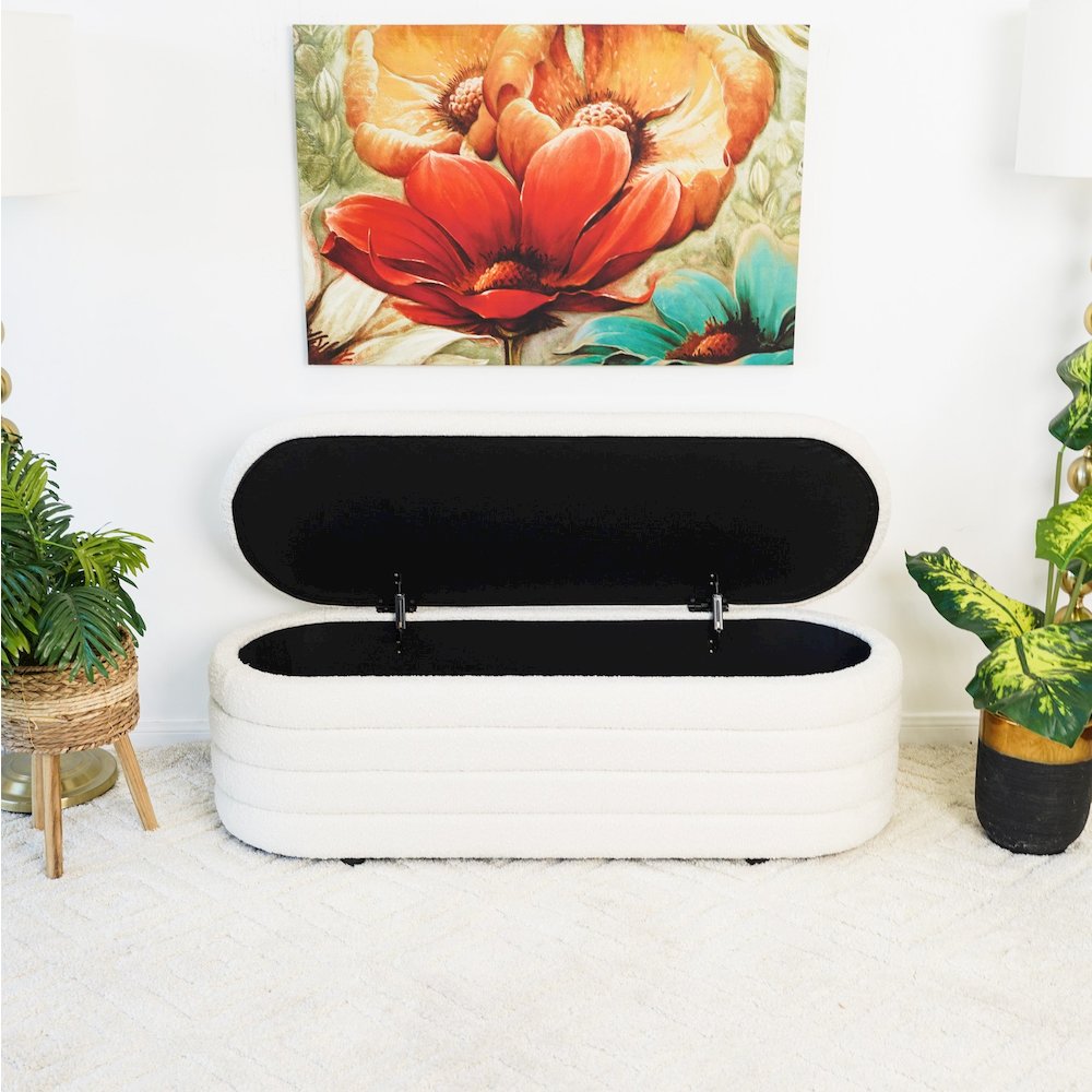 Cabana White Boucle Bench w/Storage. Picture 4