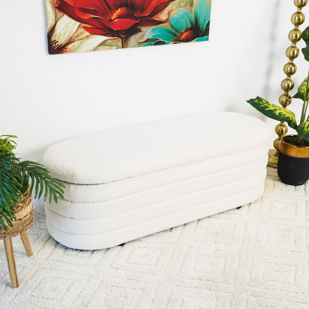 Cabana White Boucle Bench w/Storage. Picture 2