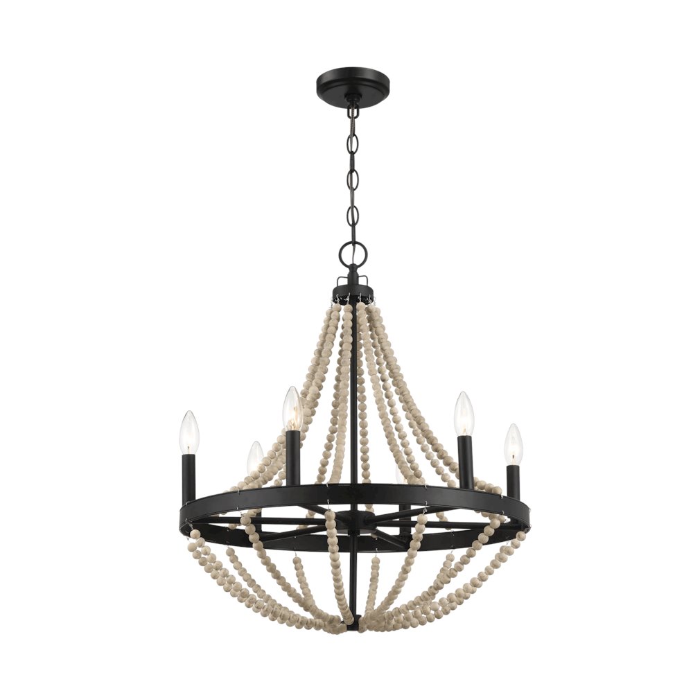 Wood Chandelier Farmhouse Six Candle Light Wood Beaded Black Pendant Light. Picture 2