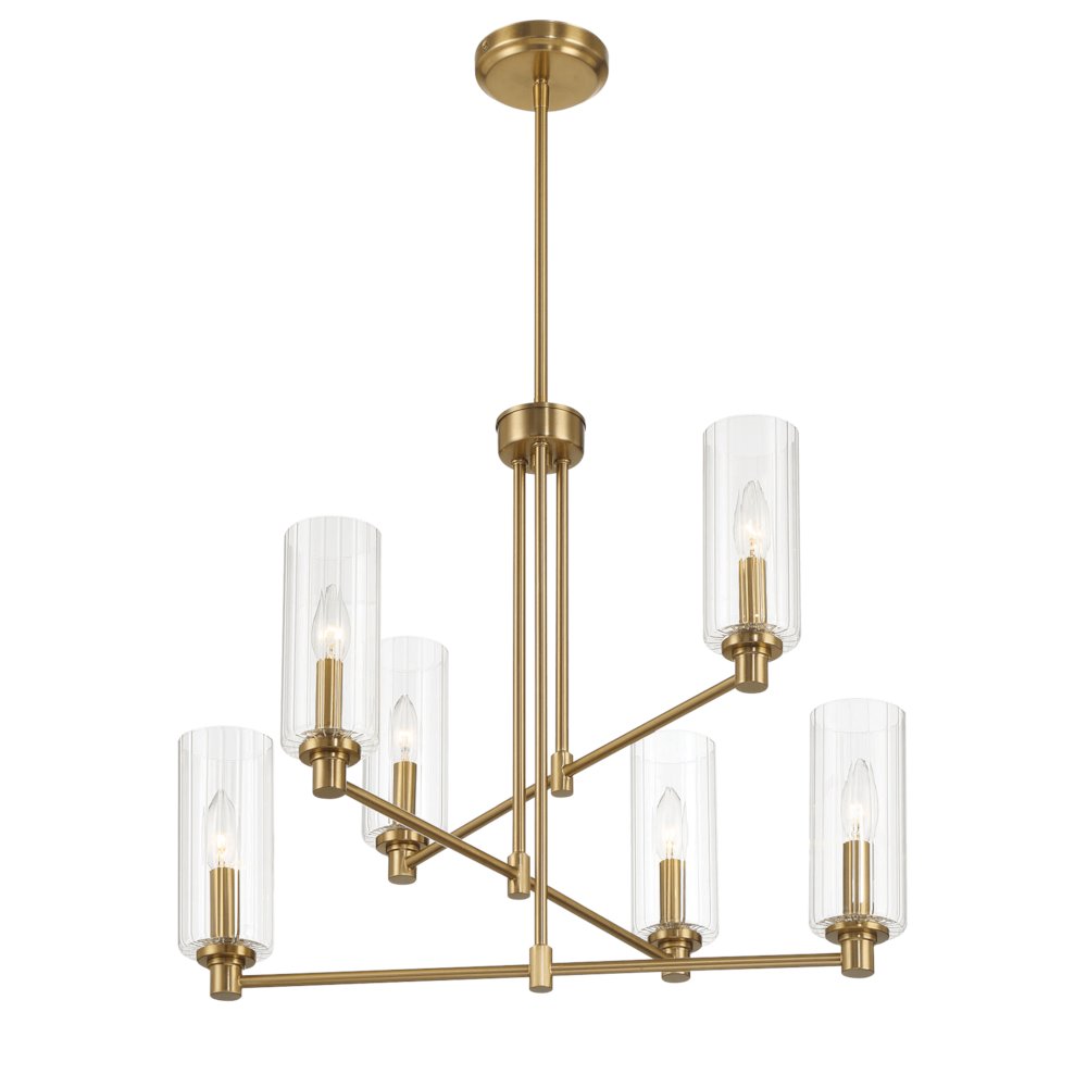 Timeless Six Lights Chandelier With Clear Ribbed Glass - Satin Brass. Picture 4
