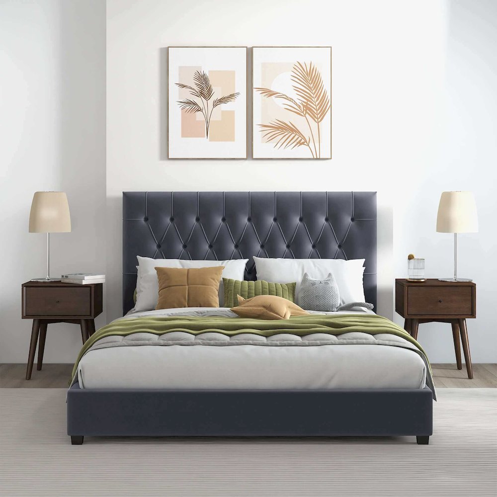 Donald Mid Century Modern Grey Velvet Platform Bed King. Picture 3