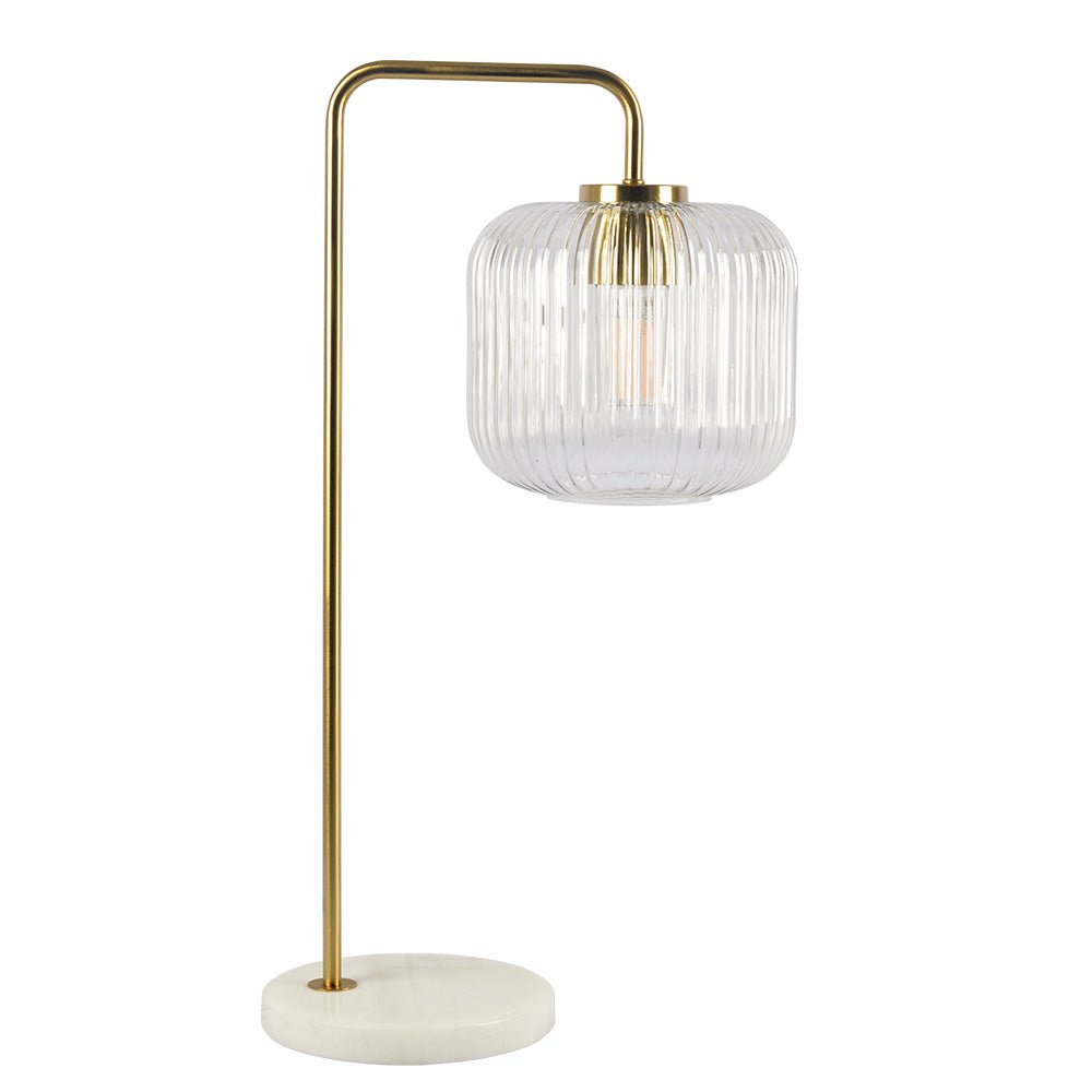 Haven Clear Glass Table Lamp, Gold Brush Metal and Marble Base, Button Control. Picture 1