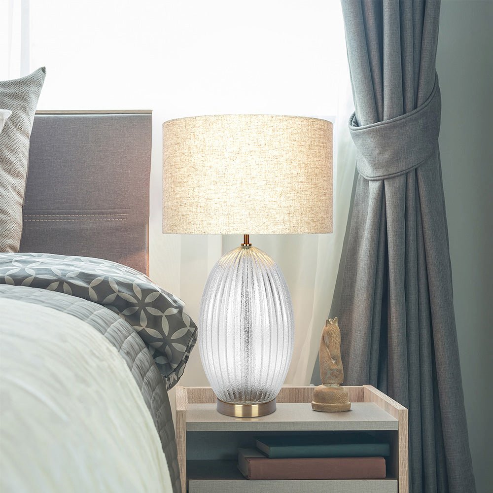 Aurora Ribbed Glass Lamp Base Clear Table Lamp Large Linen Shade. Picture 2
