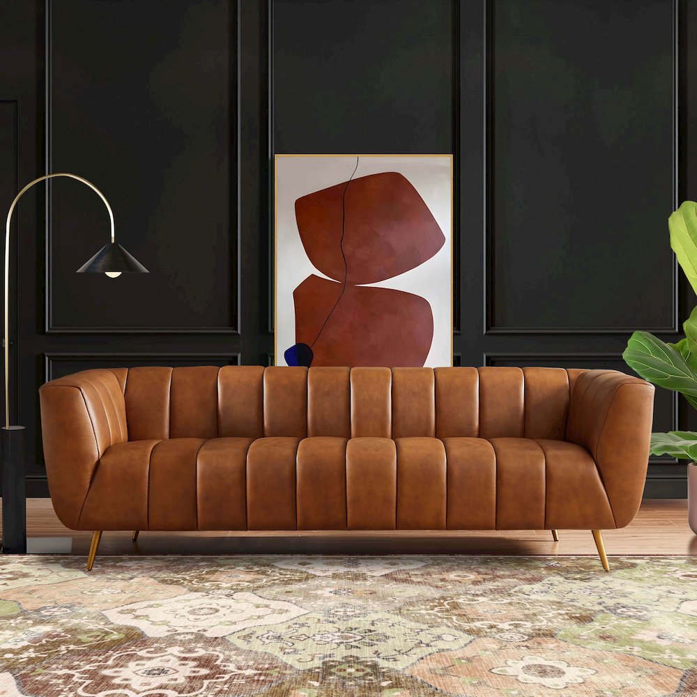 Ava Genuine Italian Cognac Leather Channel Tufted Sofa. Picture 2