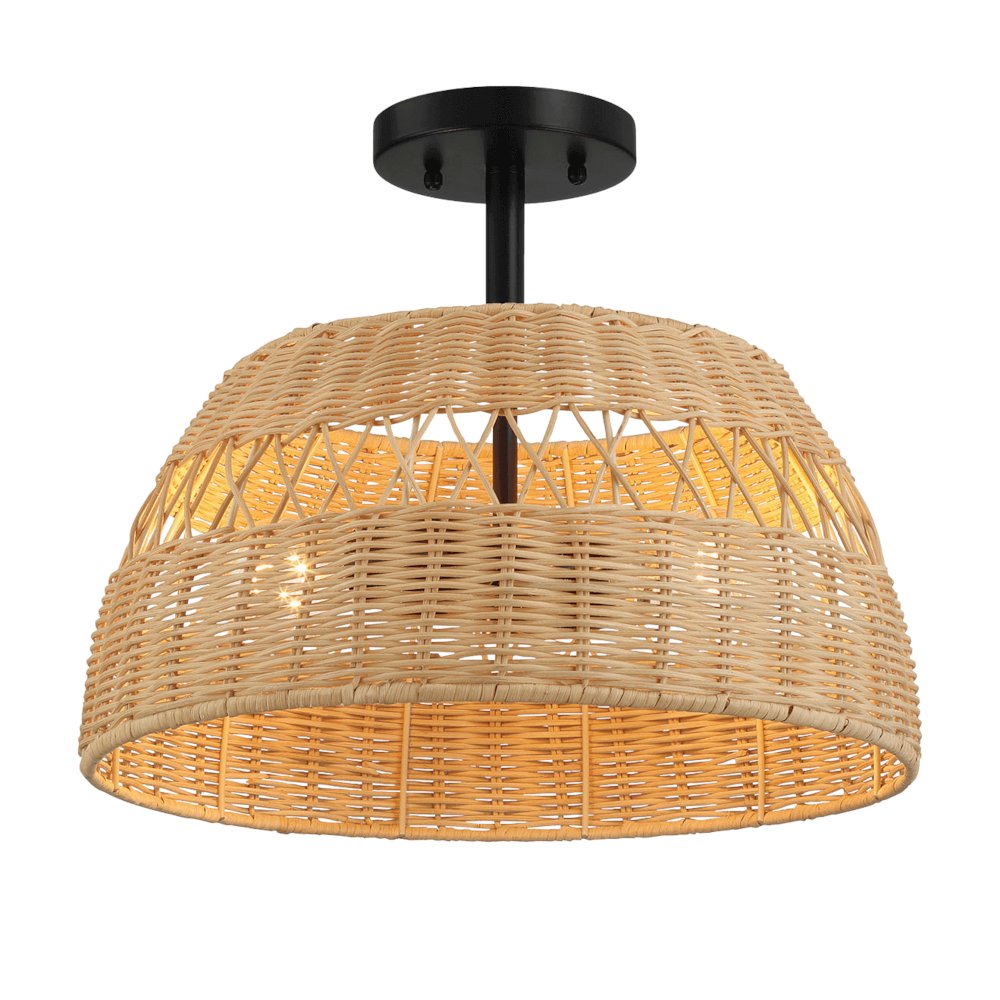 2-Light Rattan Semi-Flush Mount | Black Metal & Woven Farmhouse Ceiling Light. Picture 2