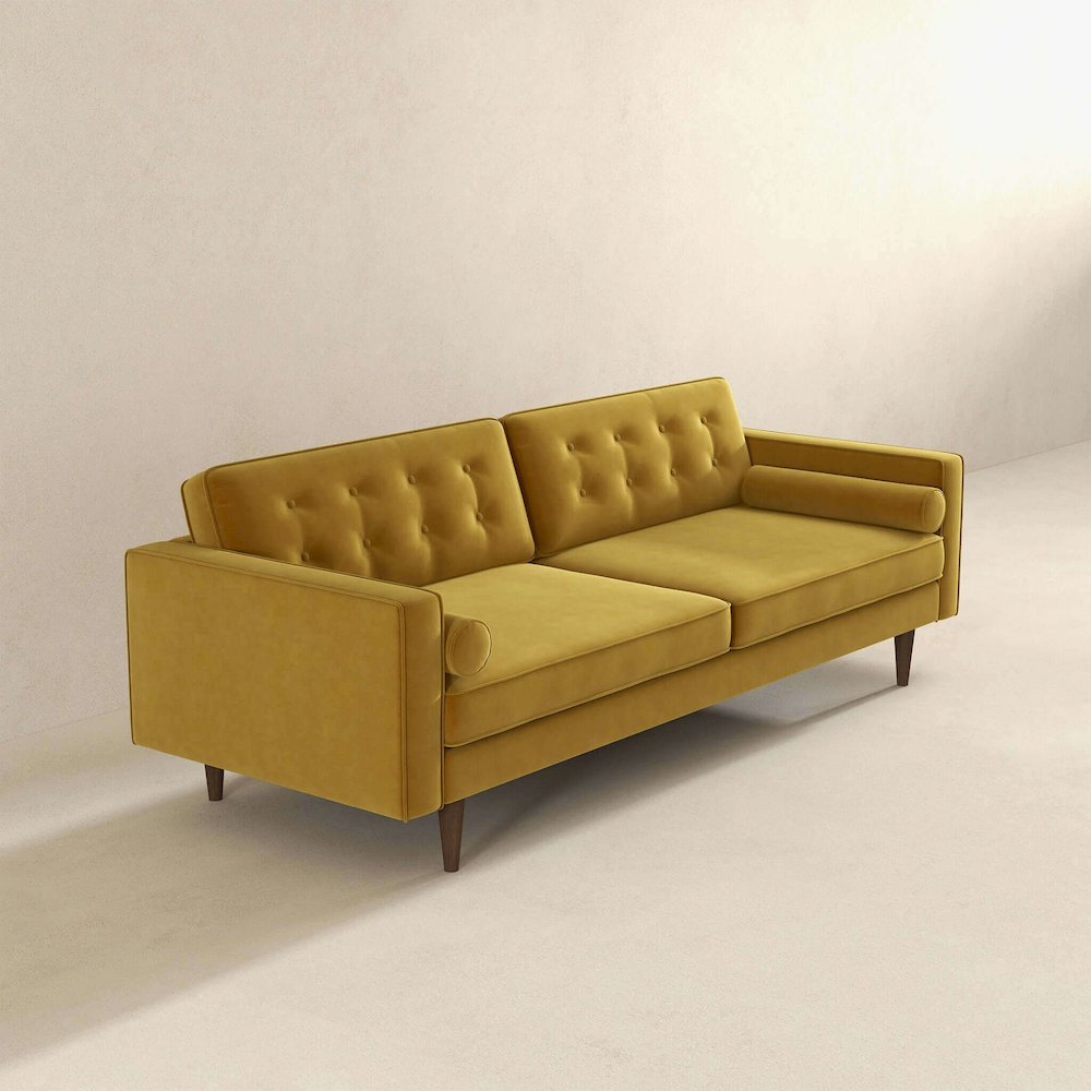 Casey Mid Century Modern Gold Velvet Sofa. Picture 4