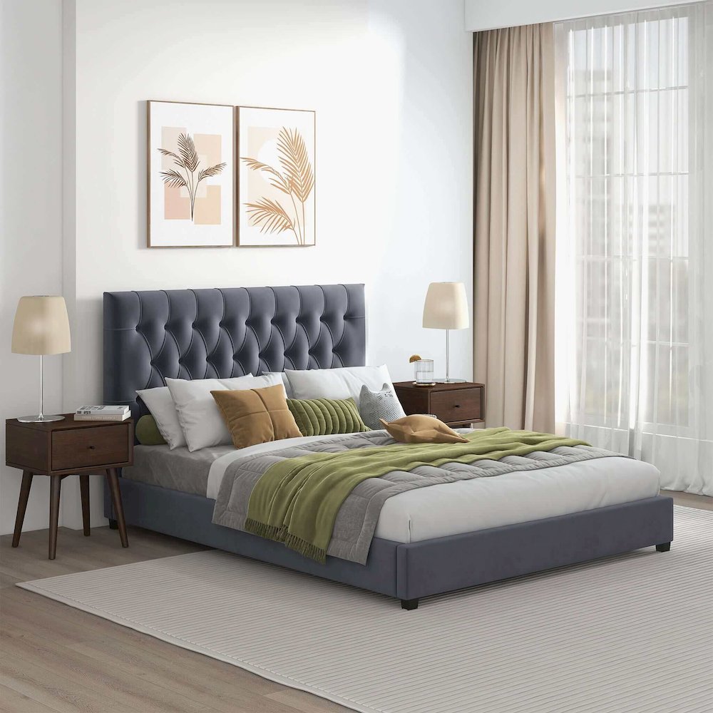 Donald Mid Century Modern Grey Velvet Platform Bed King. Picture 4