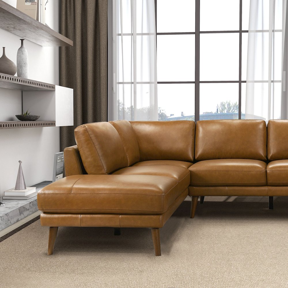 Benson Tan Leather Sectional Sofa Left Facing Chaise. Picture 5