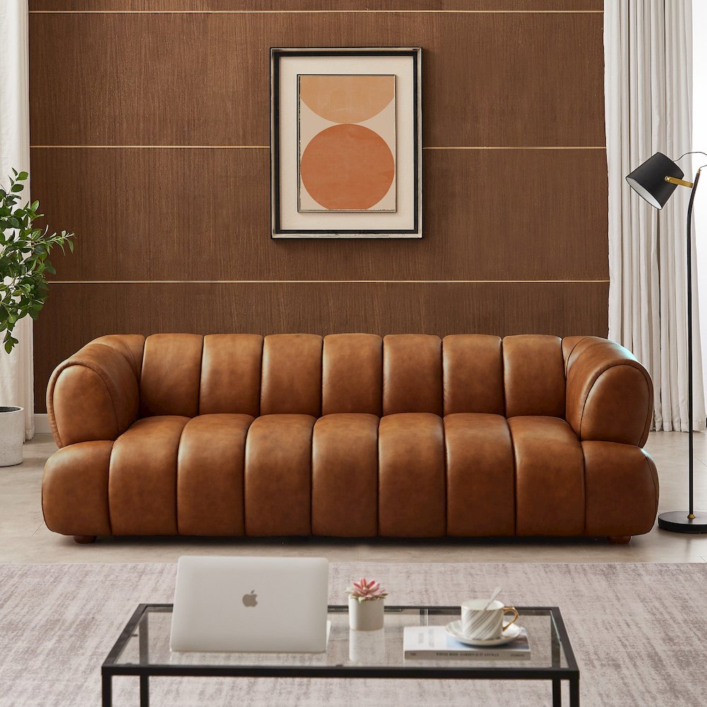 Jasmin Mid-Century Modern Cognac Genuine Leather Sofa. Picture 3