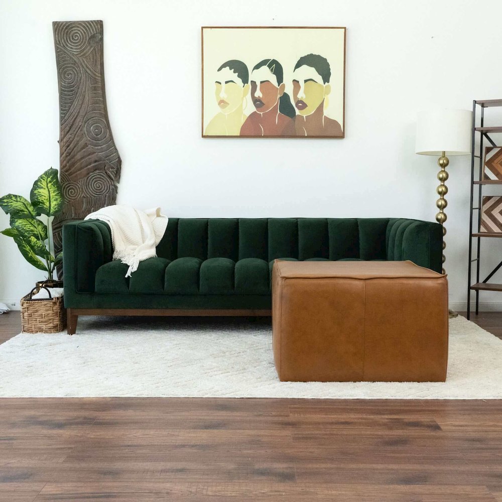 Mallory Mid-Century Square Genuine Leather Upholstered Ottoman in Tan. Picture 6