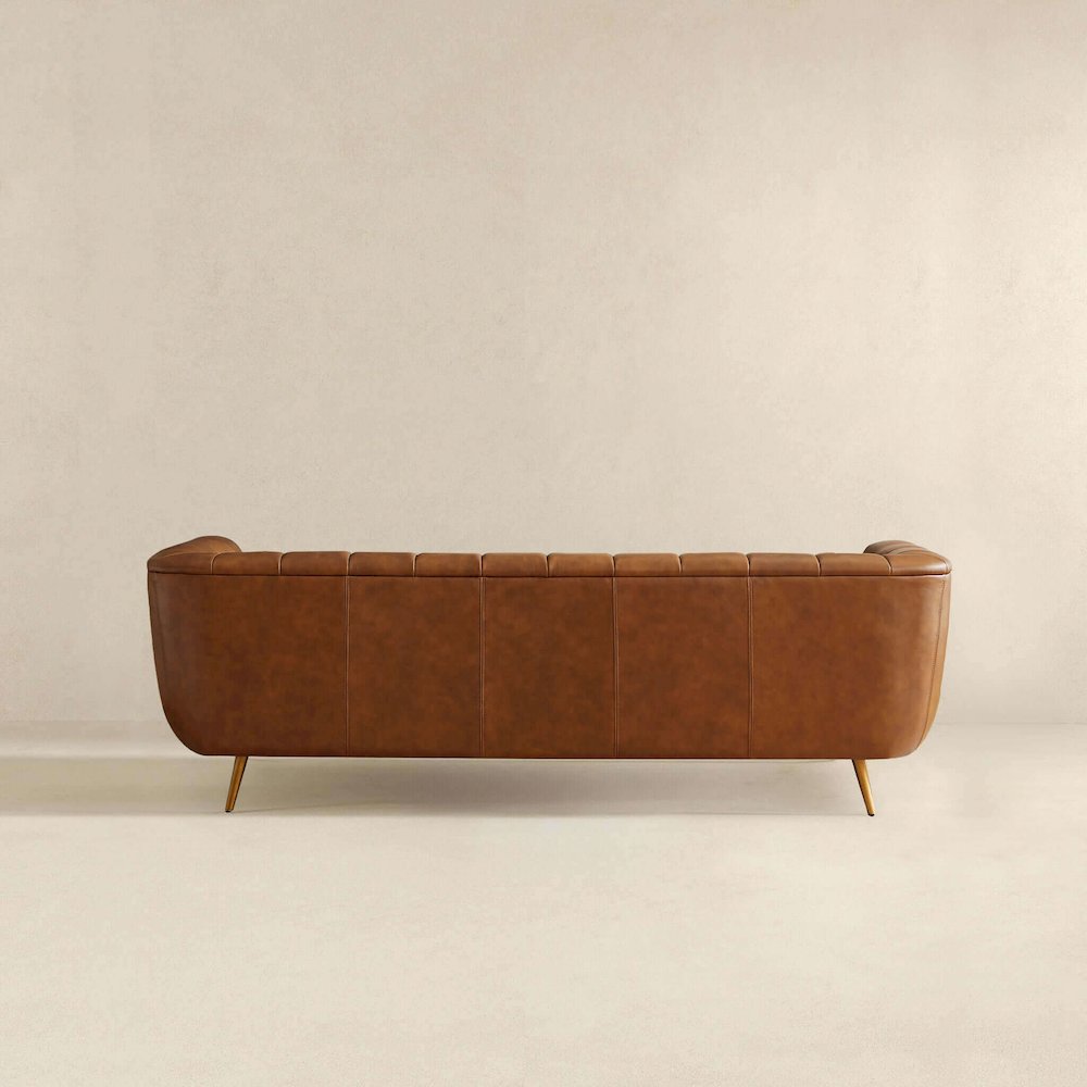 Ava Genuine Italian Cognac Leather Channel Tufted Sofa. Picture 6