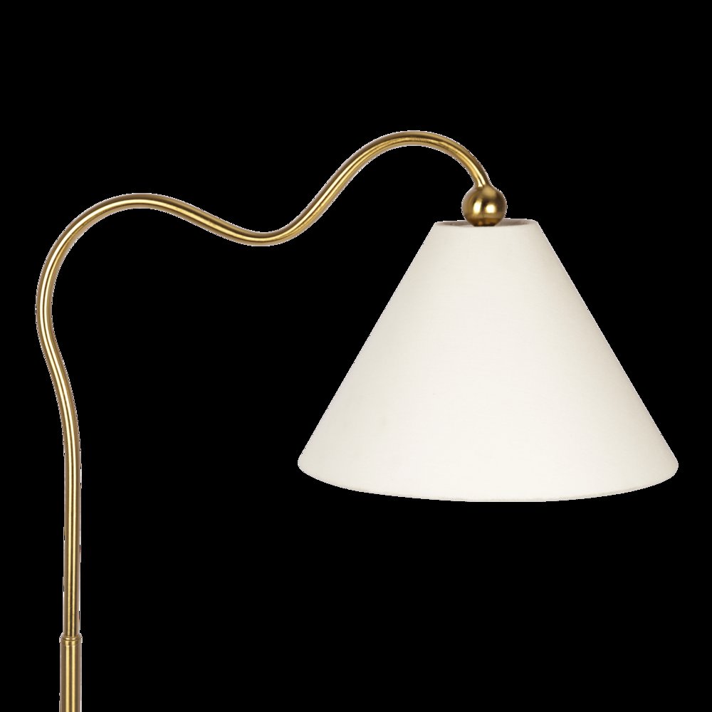 Majestic Brass Ring Base Curved Floor Lamp with Triangle White Drum Shade. Picture 3