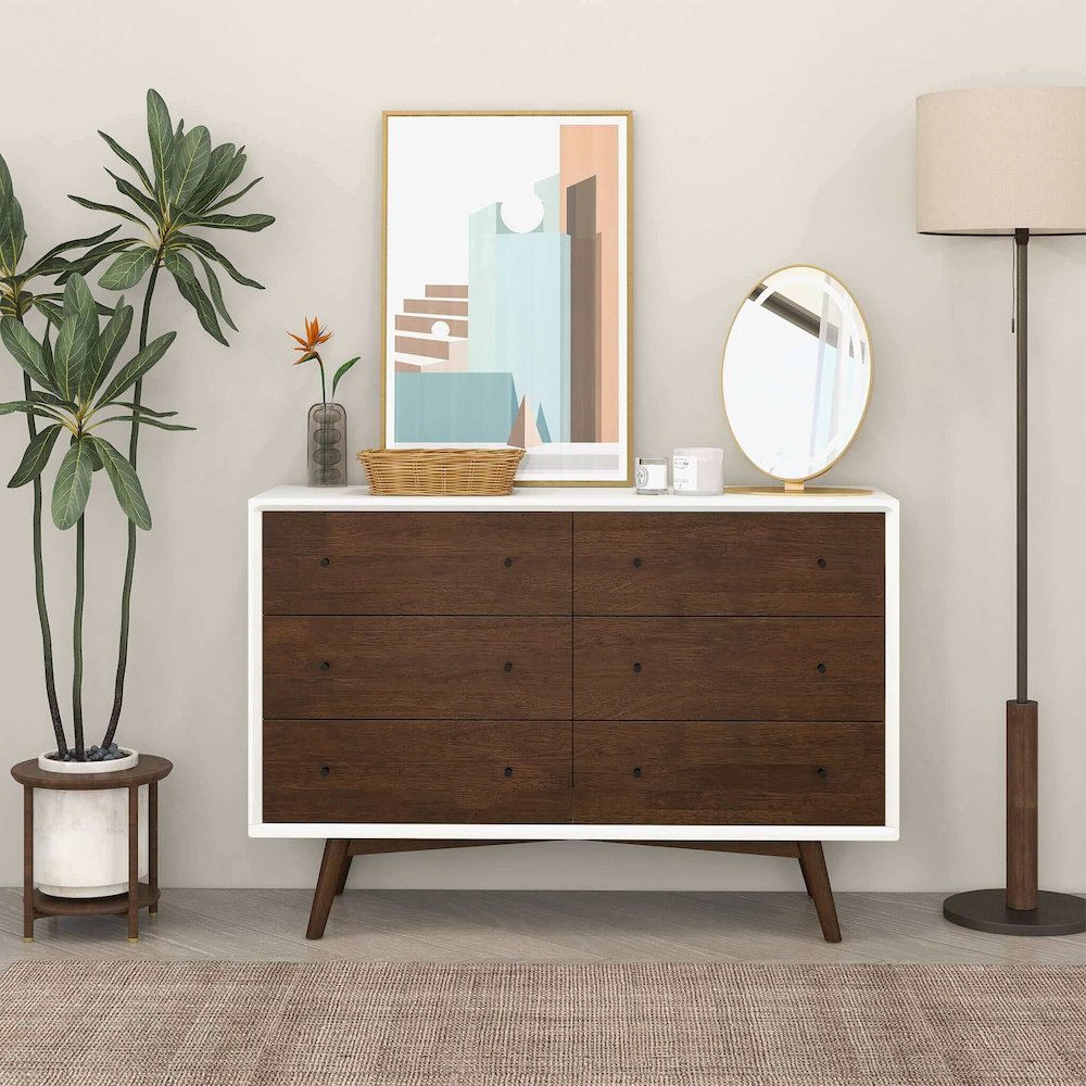 Caroline Mid-Century Modern White Dresser 6 Drawer. Picture 3