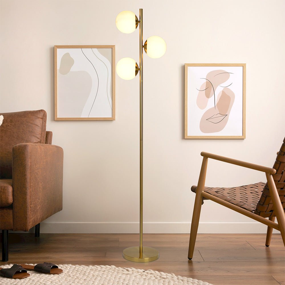 Brilliance Modern Gold Brush Floor Lamp, Opal Glass Shades and Round Metal Base. Picture 5