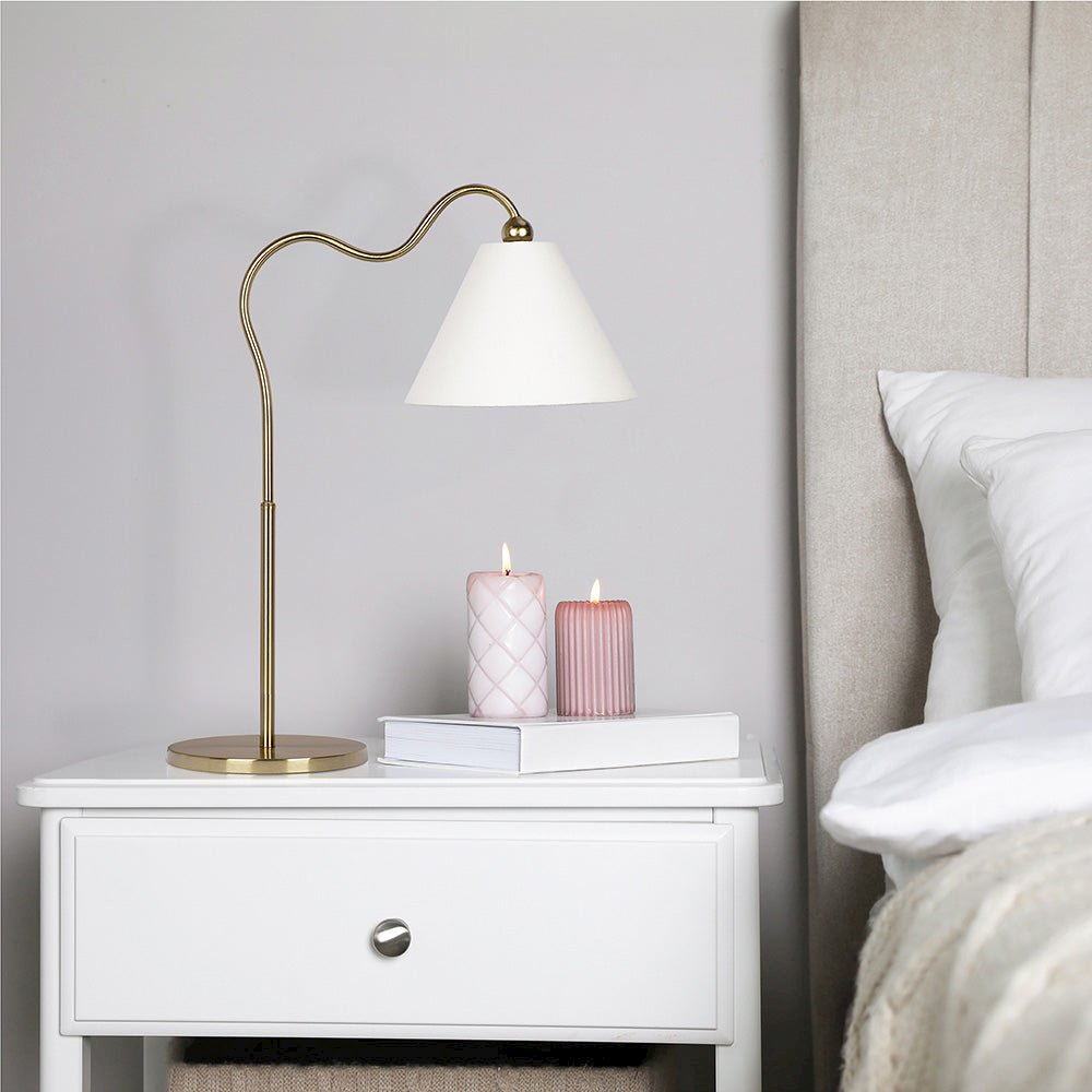 Ornate Brass Ring Base Curved Table Lamp with Triangle White Drum Shade. Picture 2