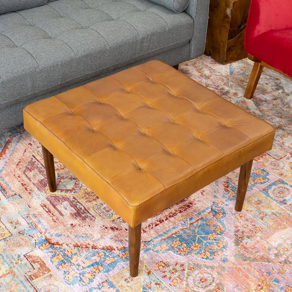 Mark Mid-Century Tufted Square Genuine Leather Upholstered Ottoman in Tan. Picture 4