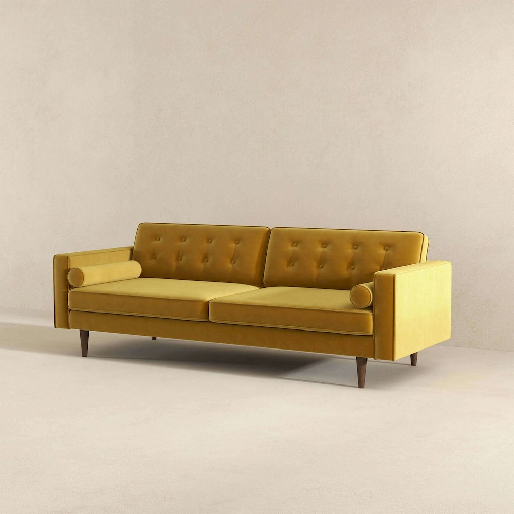 Casey Mid Century Modern Gold Velvet Sofa. Picture 3