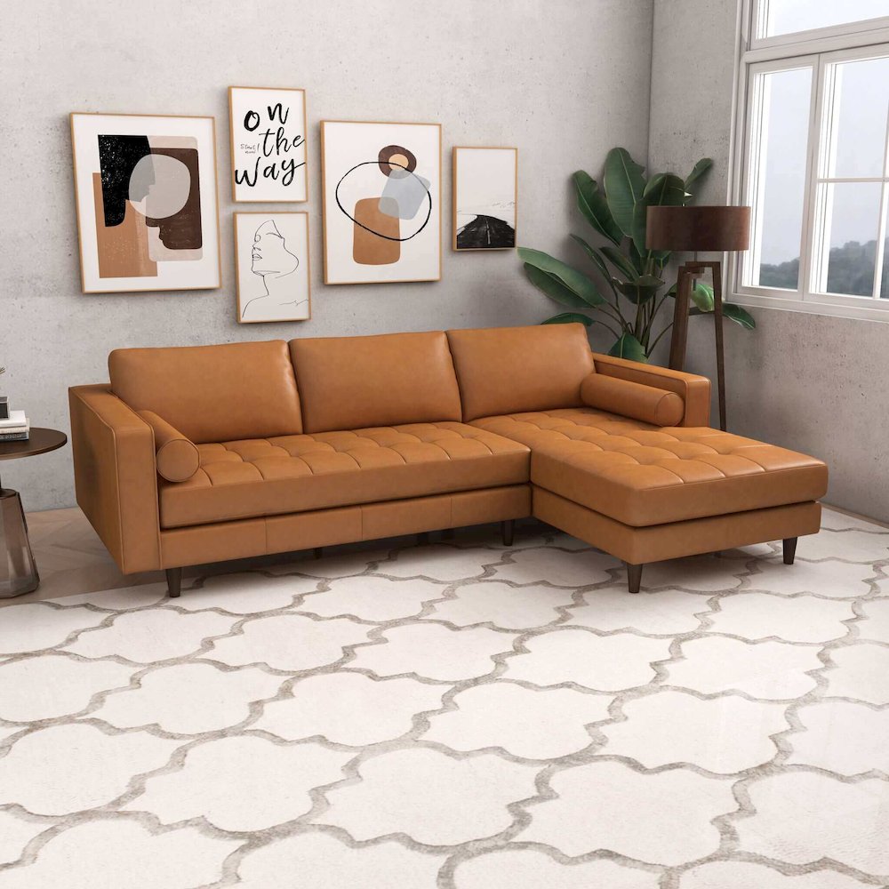 Anthony Genuine Tan Leather Right-Facing Sectional Sofa. Picture 4