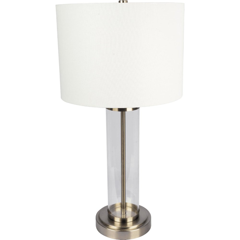 Luna Brushed Nickel Table Lamp with On/Off Switch Clear Glass Body Metal Base. Picture 1