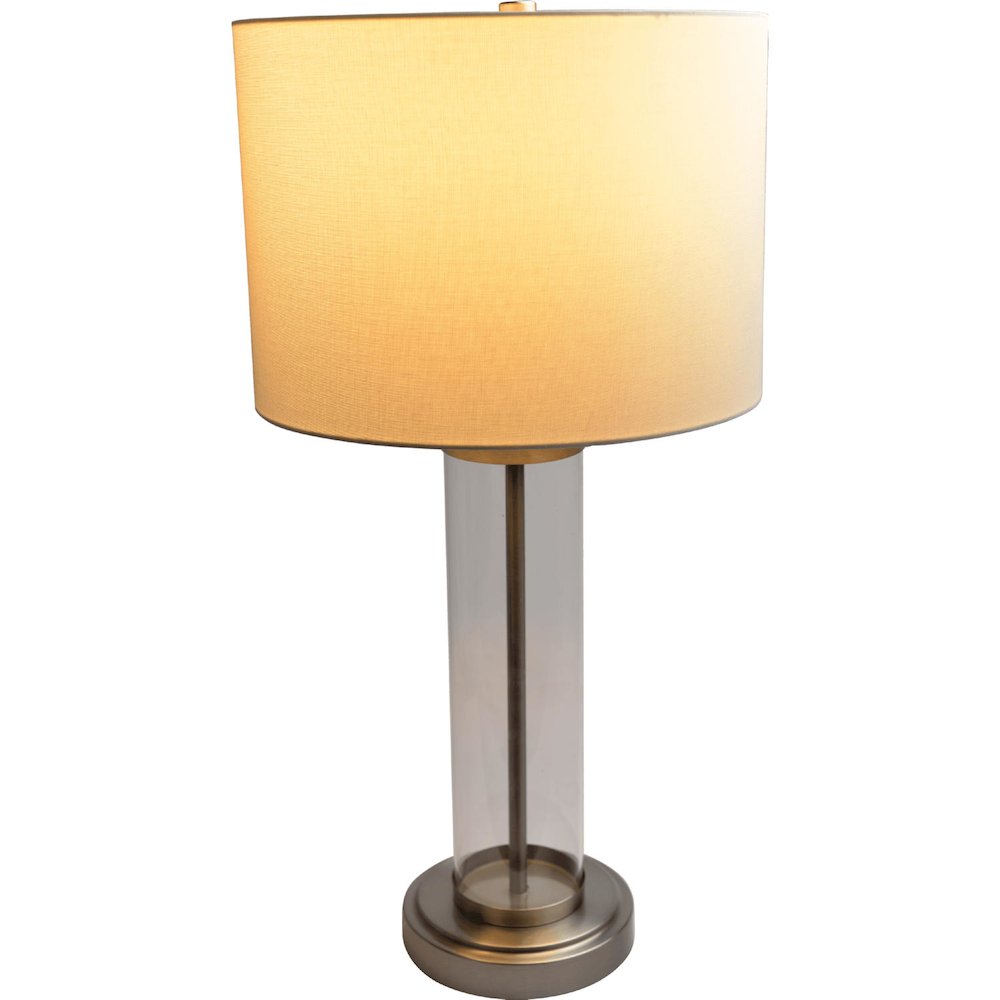 Luna Brushed Nickel Table Lamp with On/Off Switch Clear Glass Body Metal Base. Picture 2