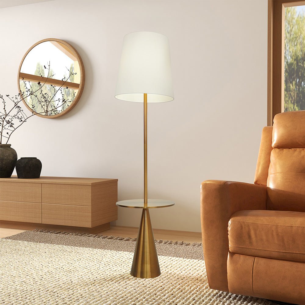 Celestial Modern Floor Lamp with Brass Accent Table with Large White Shade. Picture 2